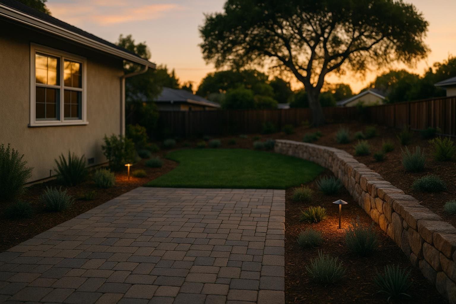 Backyard makeover in a Santa Cruz yard with a new paver patio, retaining wall, lawn, and drought-tolerant plants at dusk