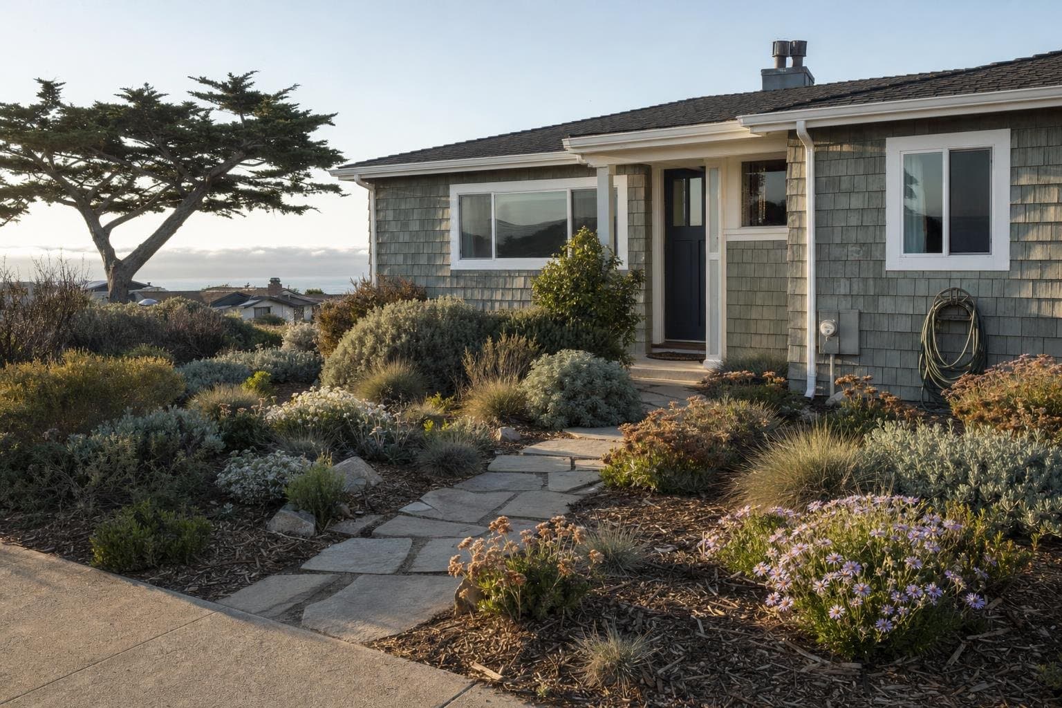 Coastal landscape plants in a Monterey Bay front yard, with seaside daisy, sages, and blue fescue along a flagstone path