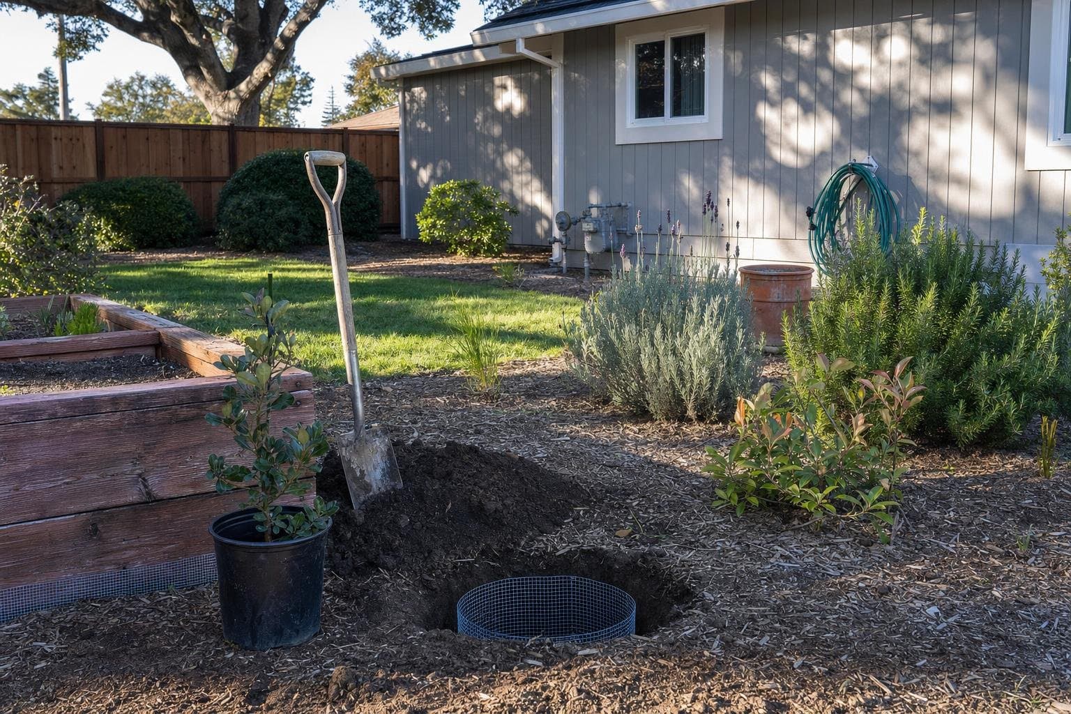 Gopher control landscaping at a Santa Cruz home, with a wire gopher basket set in a fresh planting hole beside a raised bed lined with gopher wire