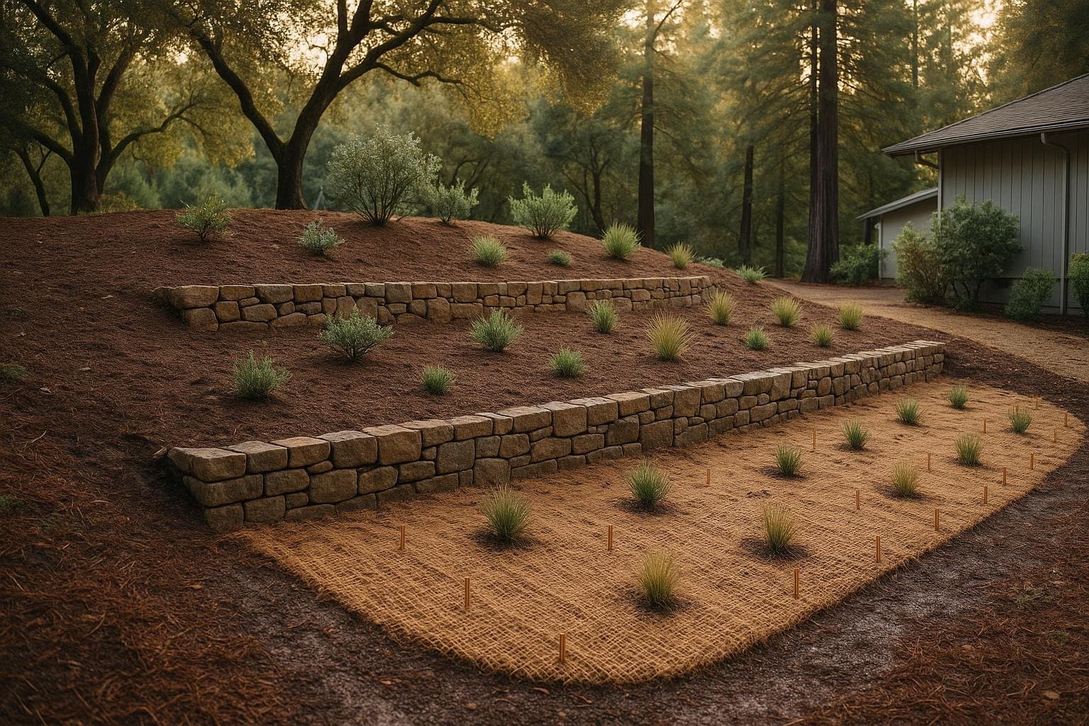 Hillside erosion control in a Santa Cruz Mountains backyard with stacked stone terraces and freshly planted drought tolerant natives