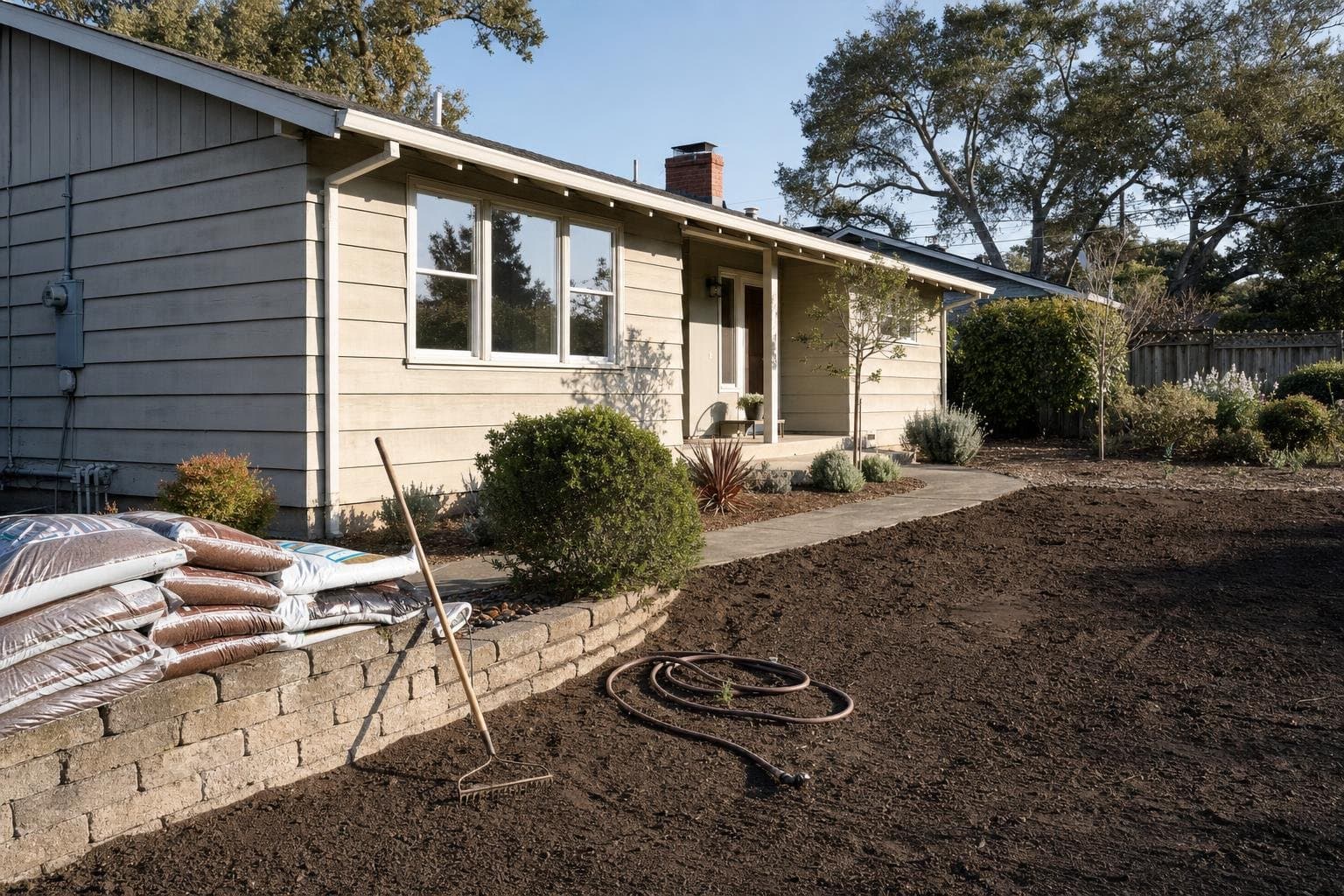Tilled soil, compost bags, and a rake ready for new sod installation in a Santa Cruz County yard