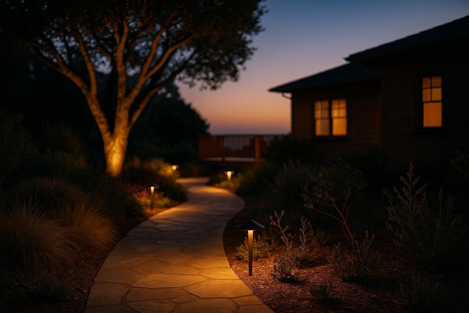 Warm low voltage path lighting on a Santa Cruz residential walkway at dusk