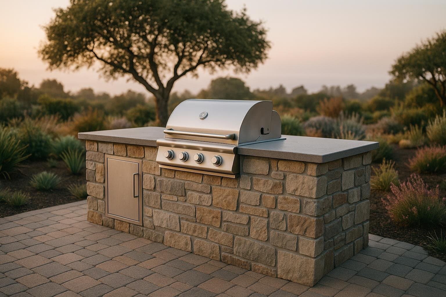 Built-in outdoor kitchen with stone island and stainless grill on a paver patio in Santa Cruz, part of understanding outdoor kitchen cost