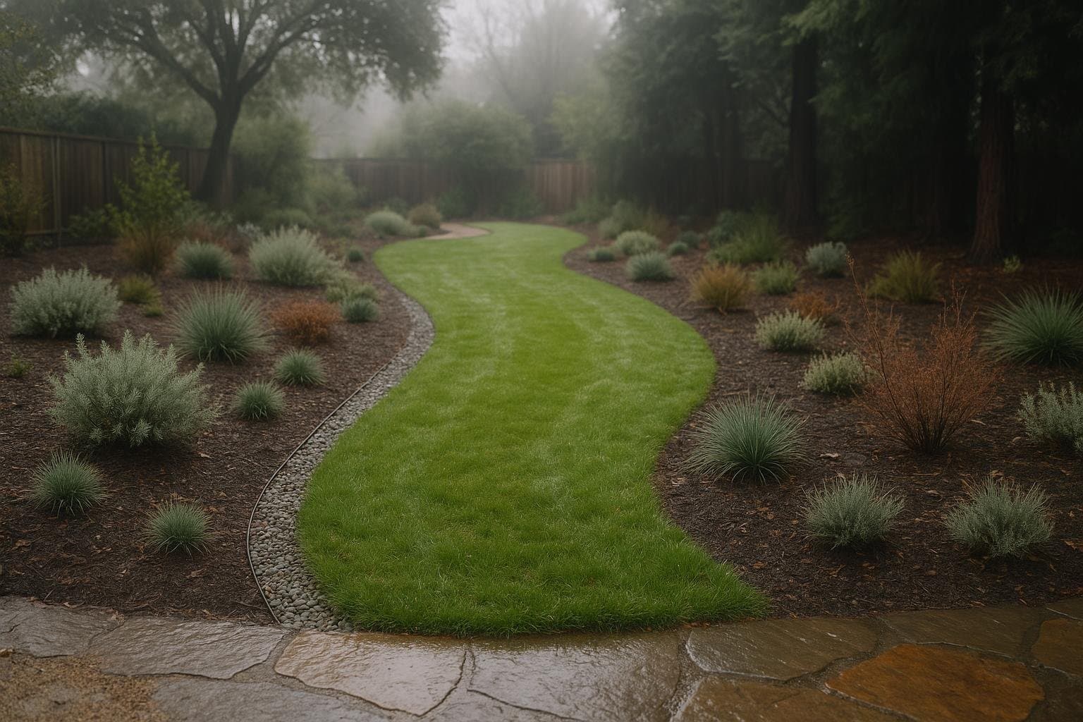 Yard drainage solutions in a Santa Cruz backyard with a gravel filled french drain and graded swale running between drought tolerant plantings