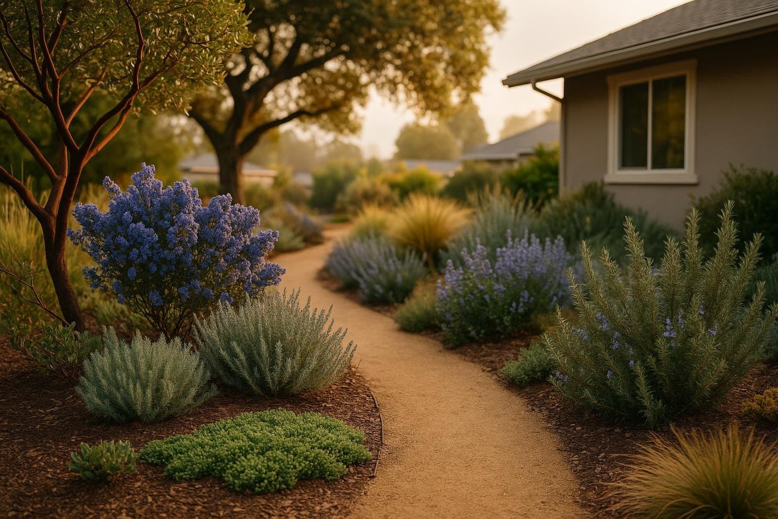 Drought tolerant plants in a Santa Cruz front yard with manzanita, ceanothus, and lavender