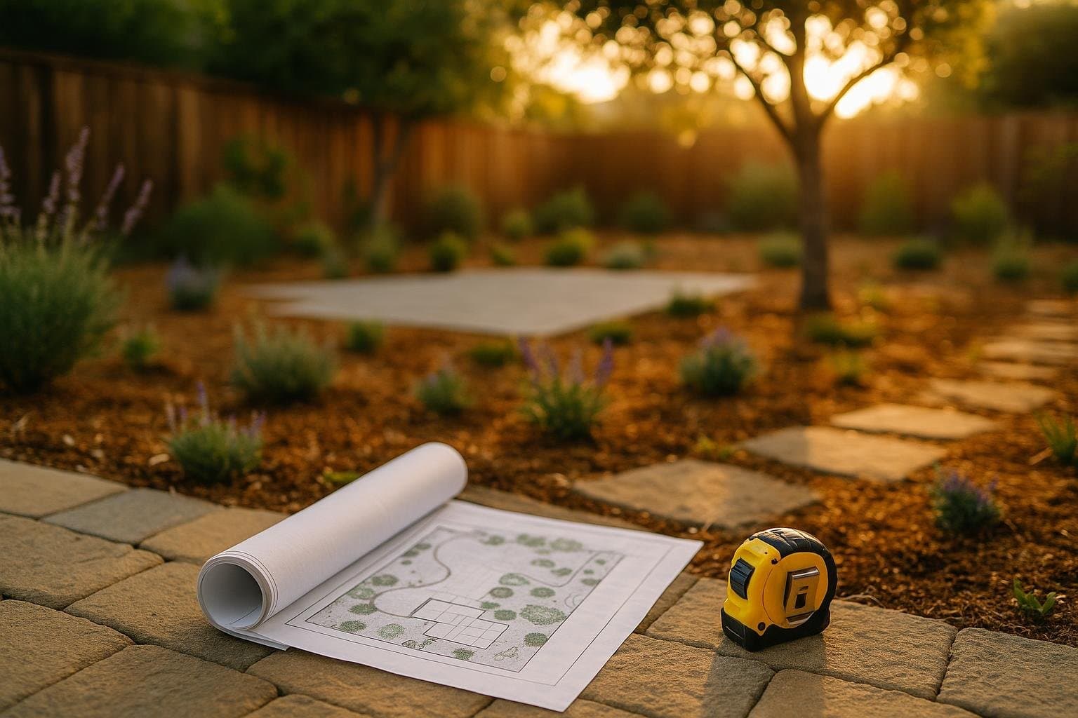 Landscape design process Santa Cruz site plan and partially completed backyard
