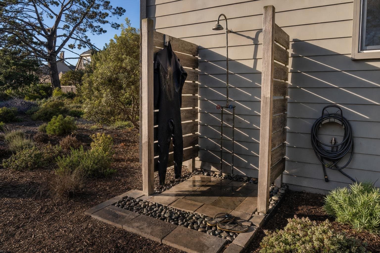 Outdoor shower in Santa Cruz mounted on the side of a coastal home with a cedar privacy screen and a stone paver base