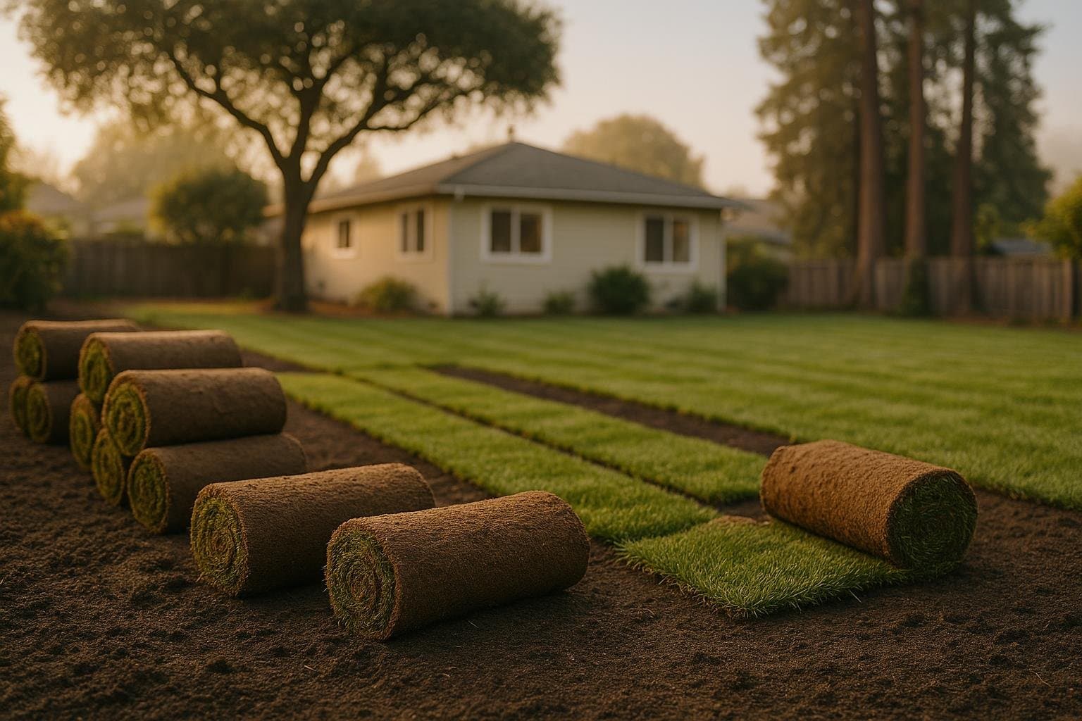 When to plant a lawn in Santa Cruz, fresh sod being laid in a coastal backyard