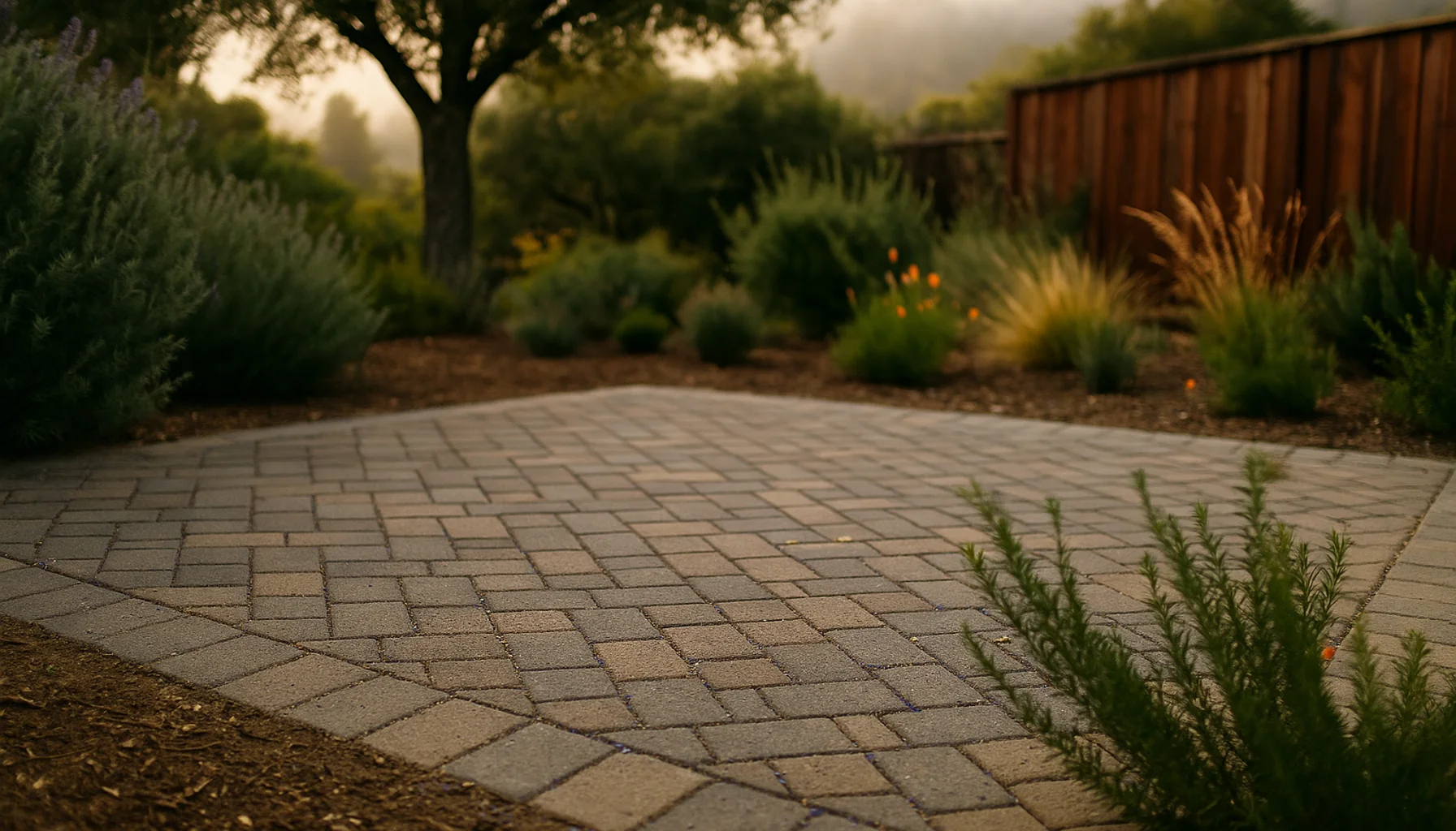 Paver patio Santa Cruz backyard with herringbone pavers and drought-tolerant landscaping