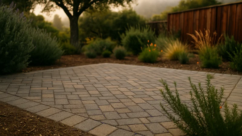 Paver patio Santa Cruz backyard with herringbone pavers and drought-tolerant landscaping