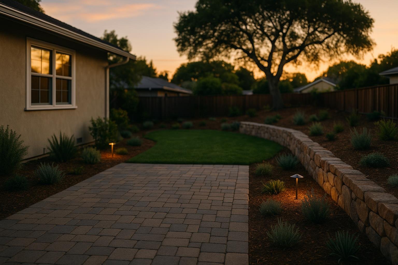 Backyard makeover in a Santa Cruz yard with a new paver patio, retaining wall, lawn, and drought-tolerant plants at dusk