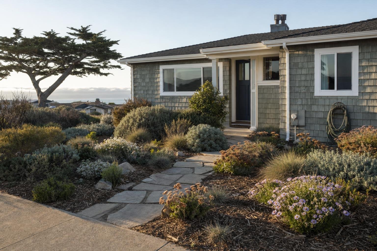 Coastal landscape plants in a Monterey Bay front yard, with seaside daisy, sages, and blue fescue along a flagstone path