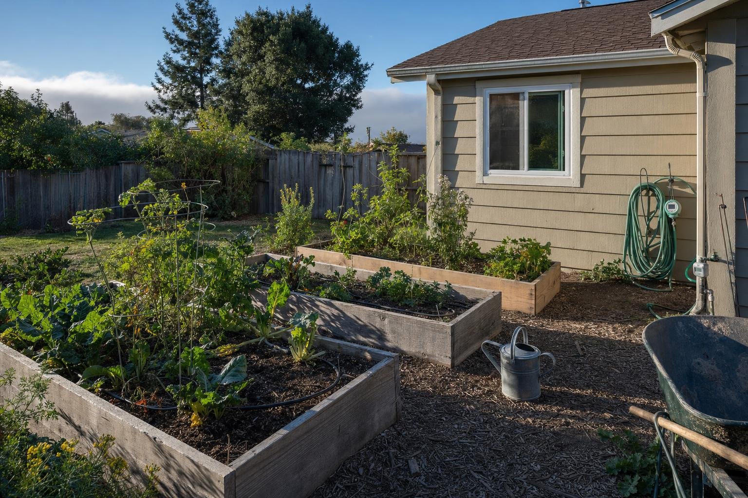 Drip irrigation running through raised vegetable beds at a Santa Cruz home, with black drip line visible across mulched soil and a timer on the hose bib