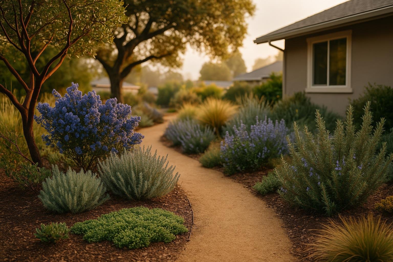 Drought tolerant plants in a Santa Cruz front yard with manzanita, ceanothus, and lavender