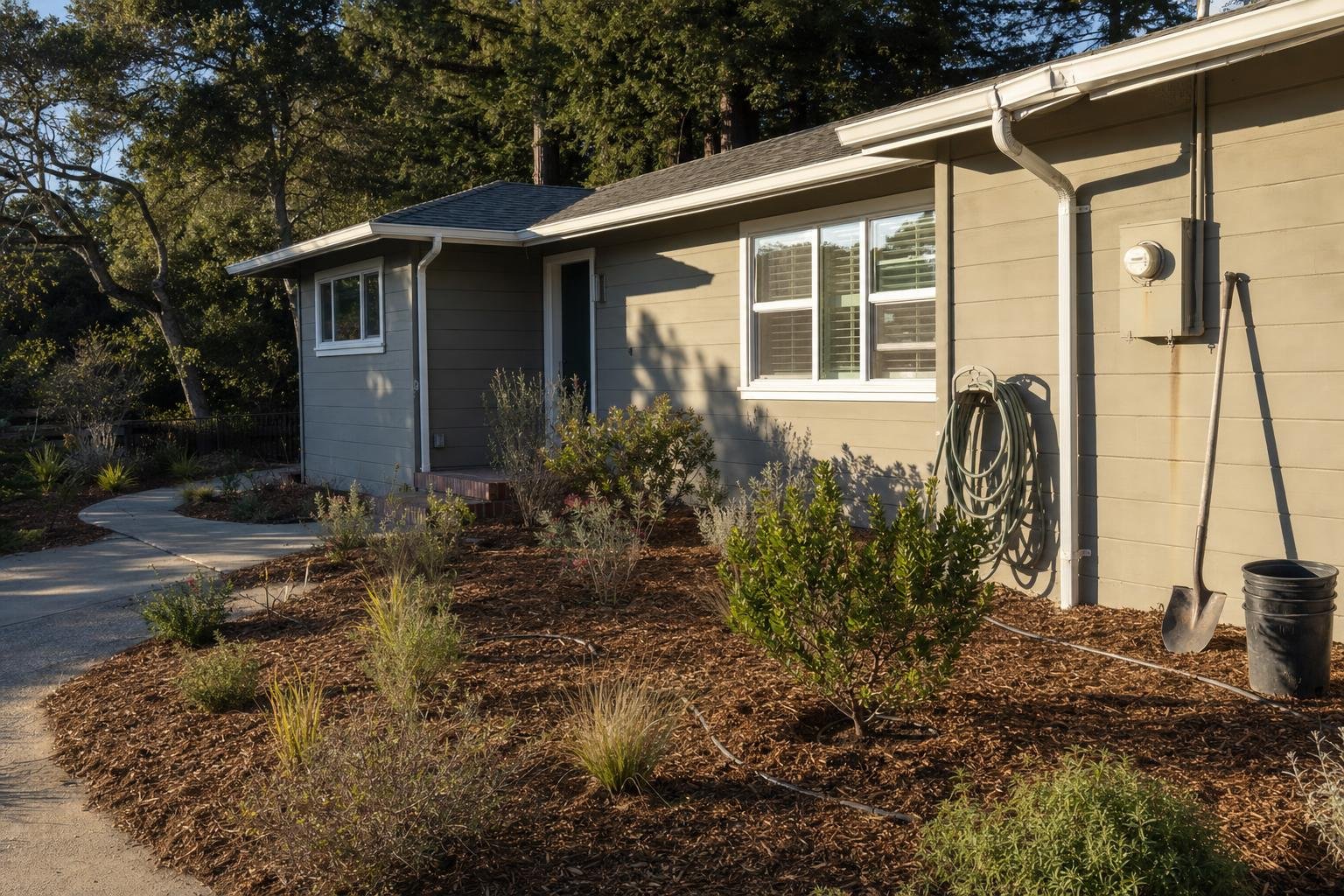 Fall planting of California native plants in a Santa Cruz yard with drought tolerant shrubs and fresh mulch