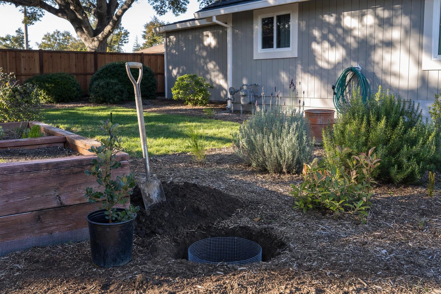 Gopher control landscaping at a Santa Cruz home, with a wire gopher basket set in a fresh planting hole beside a raised bed lined with gopher wire