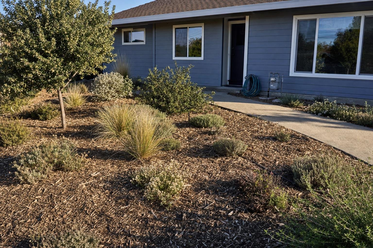 Front lawn converted to drought tolerant plants and bark mulch at a well-kept Santa Cruz home, the kind of conversion that qualifies for a lawn replacement rebate in Santa Cruz County