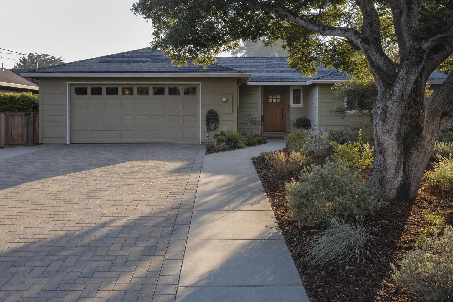 Pavers vs concrete in Santa Cruz, a herringbone paver driveway beside a broom finished concrete front walk at a ranch home under a coast live oak