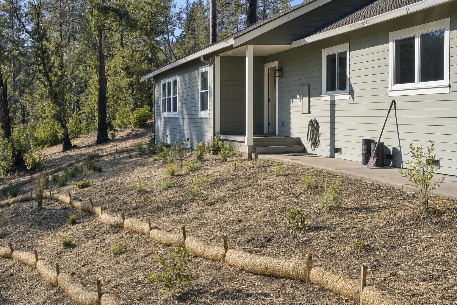 Post fire landscape recovery on a Santa Cruz Mountains property with straw wattles and young native plantings stabilizing a burned slope
