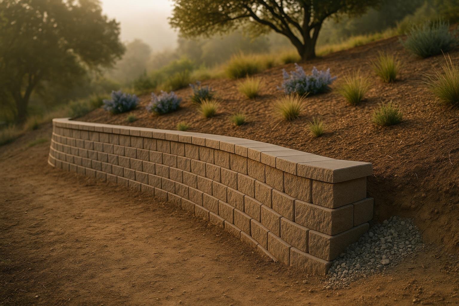 Segmental block retaining wall on a California hillside backyard in Santa Cruz County with native plantings