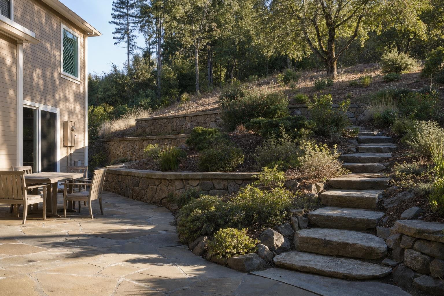 Sloped backyard ideas for a Santa Cruz hillside home, with a flagstone patio, low stone terrace walls, and wide stone steps planted with natives