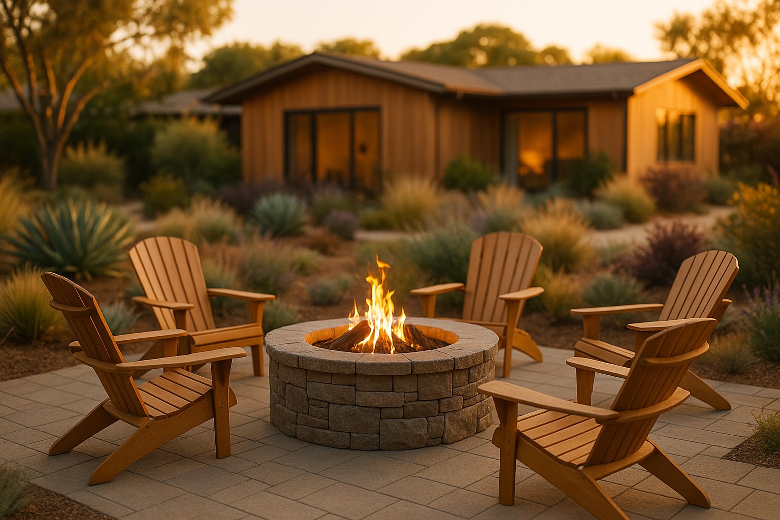 Backyard fire pit on a patio with chairs around it, Santa Cruz California