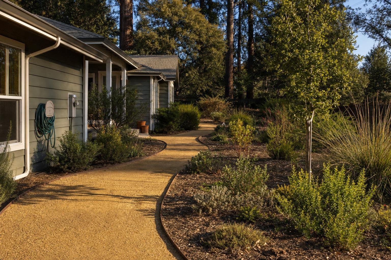 Decomposed granite pathway curving past a Santa Cruz County home with steel edging and drought tolerant plantings