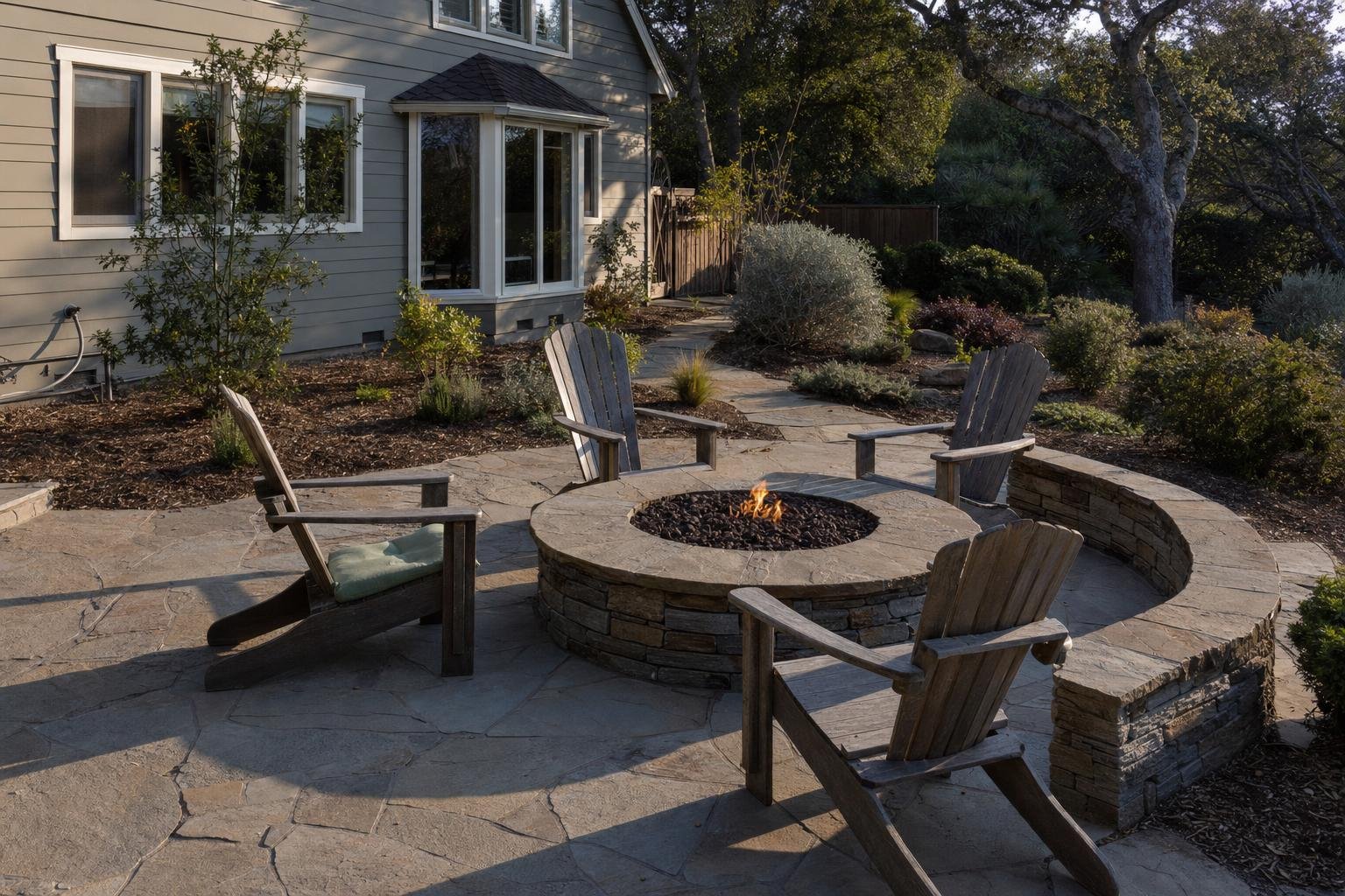 Custom stone gas fire pit and seat wall on a flagstone patio at a Santa Cruz County home