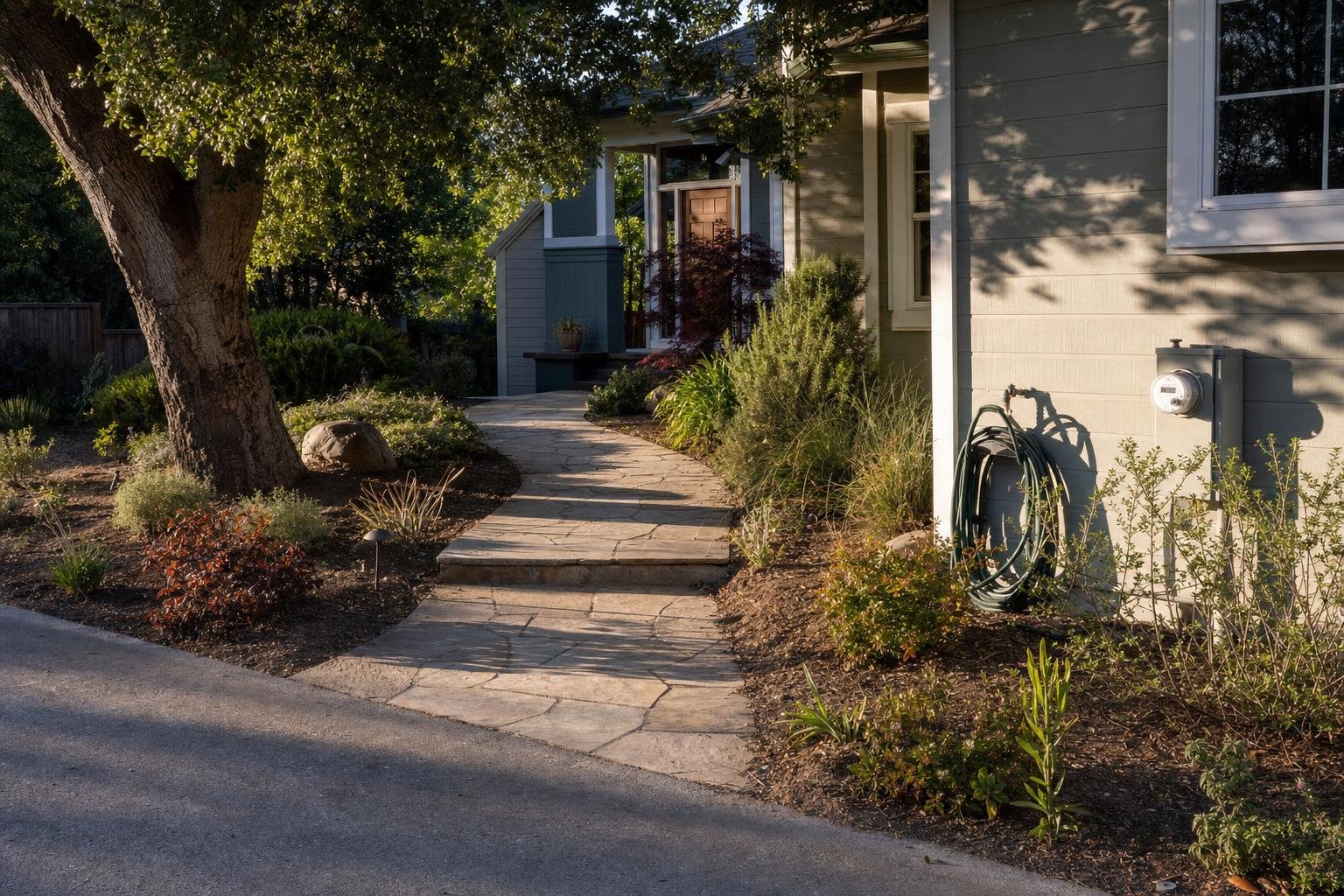 Flagstone walkway leading to the front entry of a Santa Cruz County home